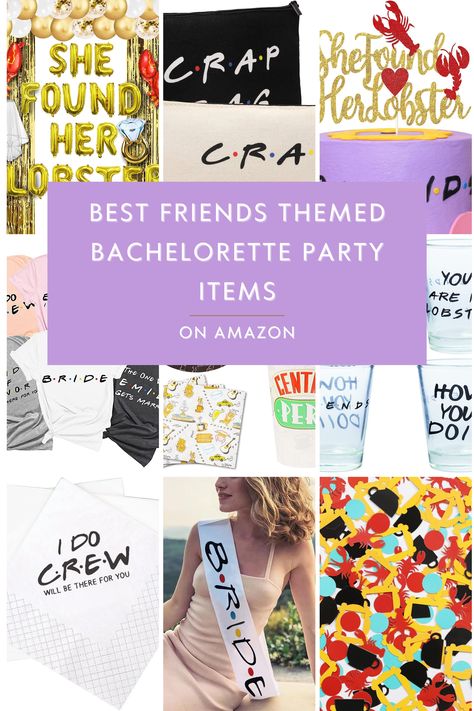 Throw the ultimate FRIENDS-themed bachelorette party with these amazing Amazon finds! From She Found Her Lobster banners to FRIENDS quote shot glasses and Central Perk disposable party supplies, this blog has all the inspiration you need for a night filled with laughter, nostalgia, and unforgettable memories. Don't miss out on these must-have items for an epic celebration with your favorite FRIENDS! #bacheloretteparty #FRIENDStheme #partyideas Friends Bachelorette Party Ideas, Friends Themed Hen Party, Friends Themed Bachelorette Party Ideas, She Found Her Lobster Bachelorette, Bachelorette Friends Theme, Friends Themed Gifts, Bachelorette Party Friends Theme, Friends Bachelorette Party Theme, Friends Theme Bachelorette Party