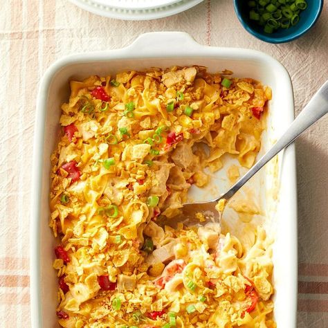 Tex-Mex Chicken Noodle Casserole — Taste of Home Tex Mex Chicken Noodle Casserole, Roman Noodles, Comforting Casseroles, Tex Mex Chicken, Vacation Food, Santa Clarita California, Chicken Casseroles, Chicken Noodle Casserole, Leftover Pork