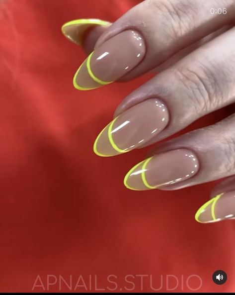 #nails #nailsofinstagram #naildesign #french #frenchmanicurenails #neon #almondnails #nudenails #nailideas Clear Nails With Neon Design, Neon French Almond Nails, Neon Tip Nails Almond, Neon French Tip Nails, Neon French Manicure, 23 Nails, June Nails Ideas, Summer French Nails, Neon Nail Art