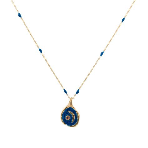 "Blue Moon Gold & Enamel Necklace is a celestial masterpiece that effortlessly combines sophistication with a touch of whimsy. This unique necklace is crafted with meticulous attention to detail, featuring a Sterling silver chain plated with 18k gold, adorned with a distinctive blue enamel design. The focal point of this chic accessory is the stunning blue enamel and gold Blue Moon pendant, adding an extra layer of charm and elegance. The star of the show is the Blue Moon pendant, featuring a ca The Blue Moon, Surf Jewelry, Moon Gold, Necklace Stand, Blue Tourmaline, Enamel Necklaces, Tourmaline Stone, Funky Jewelry, Unique Necklace