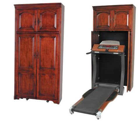 hide a treadmill in built in cabinet Hide A Treadmill, Hidden Home Gym Storage Ideas, Hide Treadmill In Living Room, Hidden Treadmill, Hide Treadmill, Hidden Workout Storage, Hide Exercise Equipment In Living Room, Treadmill In Living Room Ideas, Gym Equipment Storage Hidden