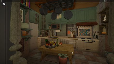 Creative Bloxburg Ideas, Bloxburg Kitchen Cottagecore, Bloxburg Kitchen Ideas Cottage Core, Cottagecore Bloxburg Interior, Cottagecore Living Room Bloxburg, Hippie Bloxburg House, Bloxburg Victorian Kitchen, Realistic Bloxburg Kitchen, Bloxburg Cottage House Ideas