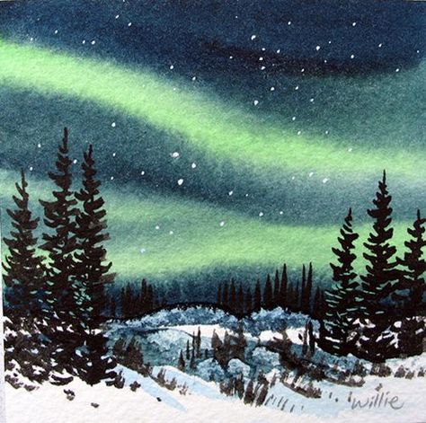 Paint Northern Lights, Watercolor Northern Lights, Christmas Draw, Northern Lights Watercolor, Northern Lights Painting, Perfect Pearls, Simple Watercolor, Winter Watercolor, Watercolour Inspiration