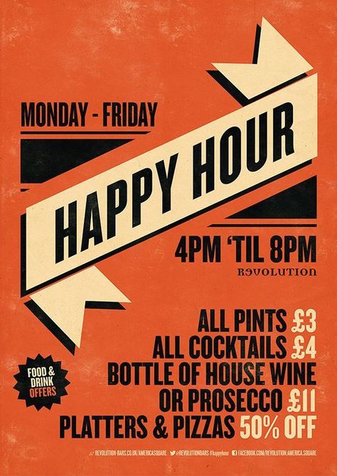 Happy Hour Graphic Design Poster for Revolution Bars by www.diagramdesign.co.uk Event Posters Graphic Design, Happy Hour Poster, Happy Hour Menu, Promo Flyer, Restaurant Poster, Event Posters, Bar Poster, Event Poster Design, Food Graphic Design