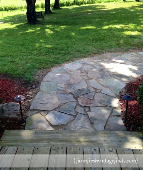 stone pathway Stone Sidewalk, Sidewalk Ideas, Yard Remodel, Stone Pavement, Pavement Design, Backyard Walkway, Porch Remodel, Landscaping Retaining Walls, Backyard Camping