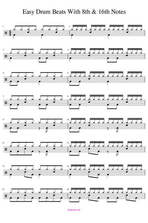 Drum Notes Beginner, Easy Drum Beats, Easy Drum Songs, Drum Rudiments, Drum Notes, Learn Drums, Drum Beats, Play Drums, Drum Patterns