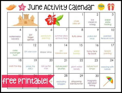 Make summer fun for your children with this June activity calendar. Fun, hands-on ways to play and make memories together. Summer Calendar Printable, Toddler Calendar, June Activities, Preschool Calendar, Free Family Activities, Summer Preschool Activities, Activity Calendar, Kindergarten Anchor Charts, Summer Calendar