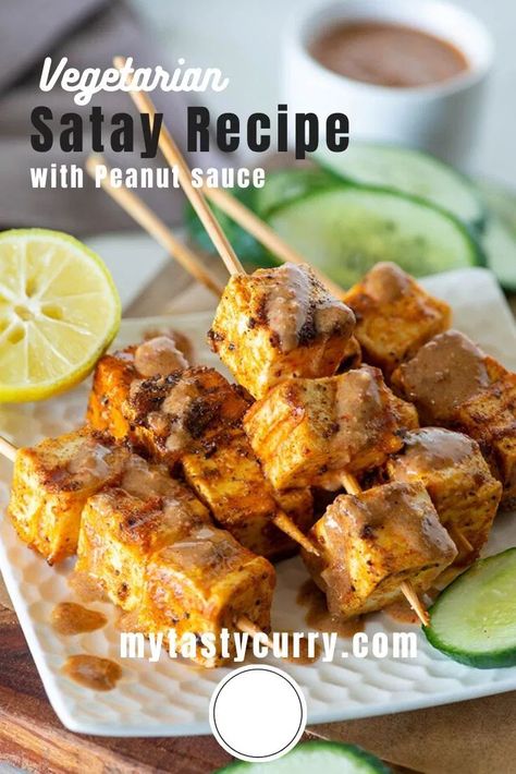 South Asian style, Spicy, tasty Vegetarian satay skewers with peanut sauce. This 20-minute vegetarian appetizer is better than a restaurant-style satay. Vegetarian Satay, Peanut Satay Sauce, Satay Skewers, Indian Beef Recipes, Chicken Satay Recipe, Grilled Paneer, Satay Recipe, Vegetarian Appetizer, Indian Road