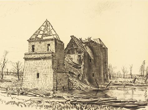 Muirhead Bone- drawing of an old building crumbling away Bone Drawing, Ww1 Art, Battle Of The Somme, Building Sketch, Bone Art, Drawing Studies, Old Building, Cologne Cathedral, Brie