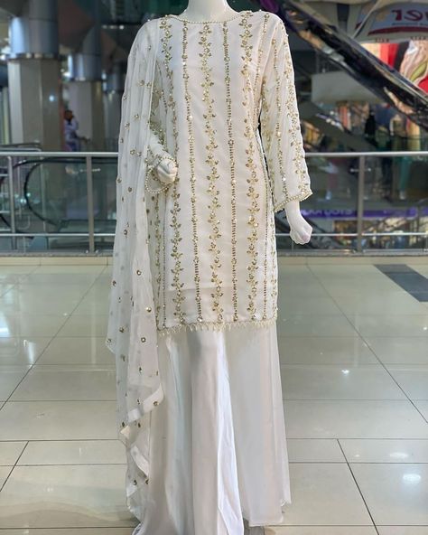 Stiched Dress, White Salwar Kameez, Moti Work, Readymade Salwar Kameez, Indian Salwar Kameez, Palazzo Suit, Sleeveless Suit, Sequence Work, Sharara Set