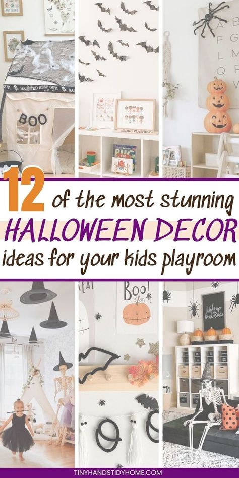 Collage of Halloween home decor ideas for a kids playroom. The text over the image reads, "12 of the most stunning Halloween decor ideas for your kids playroom". Halloween Playroom, Kid Friendly Halloween Decorations, Indoor Halloween Decor Ideas, Happy Halloween Kids, Indoor Halloween Decor, Kid's Playroom, Kid Friendly Halloween, Halloween Decor Ideas, Home Decor Halloween