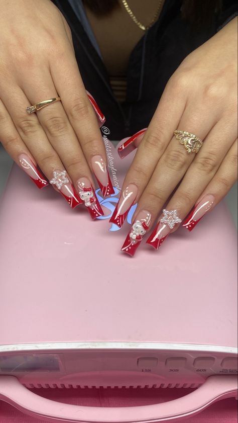 Red Nails Acrylic Hello Kitty, Red Valentine Day Nails, Red And White Hello Kitty Nails, Red Hello Kitty Nails Acrylic, Red Creative Nails, Red Sanrio Nails, Valentines Day Nails Hello Kitty, Birthday Nail Set Ideas Red, Red Kawaii Nails