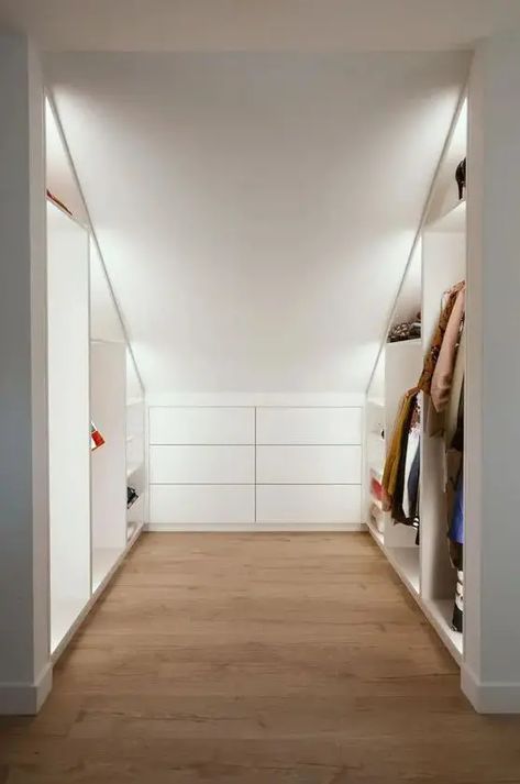 Attic Space Closet, Diy Attic Wardrobe, Attic Layout Ideas, Attic Room Wardrobe, Deep Angled Closet Ideas, Built In Open Closet, Attic Bathroom Ideas Slanted Ceiling Master Suite, Built In Wardrobe Sloped Ceiling, Walk In Attic Closet