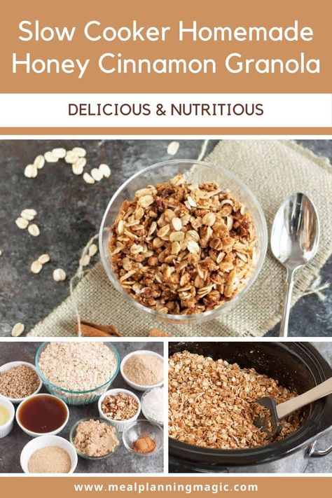 Crockpot Granola Recipes, Crock Pot Granola, Homemade Cinnamon Granola, Crock Pot Granola Slow Cooker, Granola Made With Honey, Crockpot Granola, Honey Cinnamon Granola, Cinnamon Granola Recipe, Peanut Butter Overnight Oats