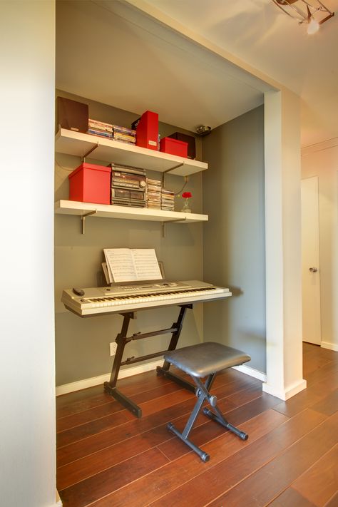 The hall closet/niche was turned into a music area with a keyboard and open shelving above for media. Closet Niche, Sing Together, Closet Redo, Office Tv, A Keyboard, Hall Closet, In The Closet, Music Room, The Closet