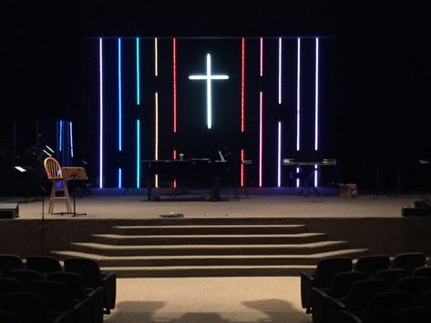 Framed Light - Church Stage Design Ideas - Scenic sets and stage design ideas from churches around the globe. Cyberpunk Cathedral, Worship Stage Design, Church Backdrop Stage Design, Church Backgrounds Stage Design, Modern Church Stage Design, Church Altar Design Ideas, Simple Stage Design, Stage Design Ideas Creative, Small Church Stage Design