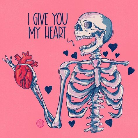 Give You My Heart, I Give You My Heart, Creepy Love Art, Creepy Love, Skeleton Art Love, Halloween Love Drawings, Skeleton Love Wallpaper, Skull Love, Heart Skull