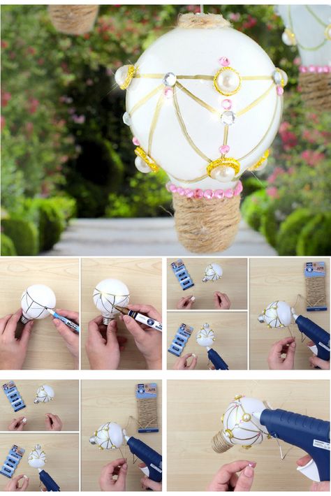 Decorate your home with these easy to make hot air balloons! With a few simple sets you can turn any old light bulb into a new decoration!  #DIY #Crafts #HowTo #Tutorial #EverydayCrafts #HolidayCrafts #CraftIdeas #ProjectIdeas #Projects #StepByStep #Celebrations #JustforFunCrafts #Crafter #Ideas #Inspirations #Pinspiration #Homemade  #MadeByMe #crafterscloset #lights #hotairballoon Diy Crackers, Simple Sets, Diy Light Bulb, Light Globes, Diy Hot Air Balloons, Air Ballons, Light Bulb Crafts, Homemade Things, Trending Crafts