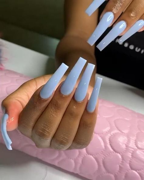 Cute Solid Color Acrylic Nails, Long Square Acrylic Nails Plain Color, Large Acrylic Nails, Acrylic Nails One Color Simple, Plain Coffin Acrylic Nails, Long Baby Blue Nails, Powder Blue Nails Acrylic, Solid Acrylic Nails Colors, Solid Color Acrylic Nails Coffin