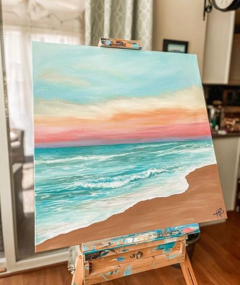 Beach Aesthetic Canvas Painting, Sunset And Ocean Painting, Sunset At Sea Painting, Ocean View Painting, Canvas Summer Painting Ideas, Summer Beach Painting, Cute Beach Paintings, Painting Ideas On Canvas Sea, Beach Paintings On Canvas Acrylics