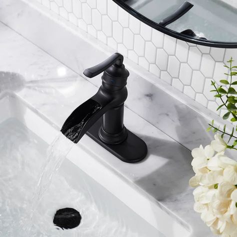 Single Hole Faucet Single-handle Bathroom Faucet with Drain Assembly Matte Black Bathroom Faucet, Corner Sink Bathroom, Black Bathroom Sink, Black Bathroom Faucet, Pedestal Bathroom Sink, Bathroom Faucets Waterfall, Single Handle Bathroom Faucet, Waterfall Faucet, Wall Mounted Bathroom Sink