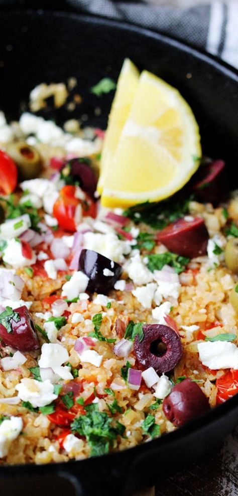 Eating Mediterranean, Eating European, Feta And Olives, Vegetarian Main Dish, Riced Cauliflower, Thyme Recipes, Cauliflower Fried, Cauliflower Fried Rice, Vegetarian Main Dishes