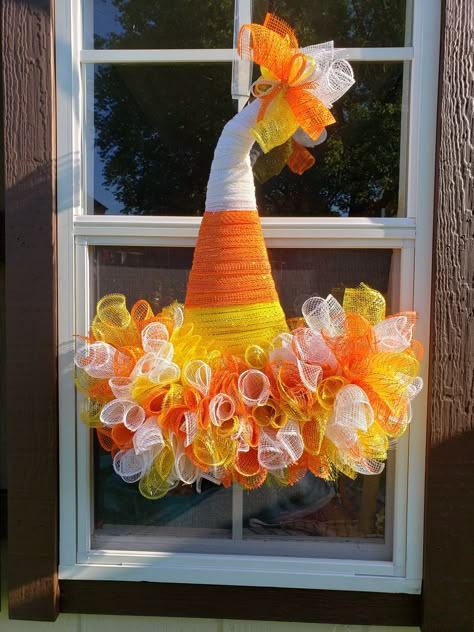 Halloween Witch Hat Wreath, Candy Corn Witch, Witch Hat Wreath, Candy Corn Wreath, Etsy Wreaths, Halloween Mesh Wreaths, Hat Wreath, Diy Halloween Wreath, Cheer Up Gifts