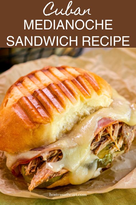 Soft slightly sweet homemade Medianoche bread, layers of salty ham, tender mojo pork, and cheese make this Cuban Medianoche Sandwich Recipe. American Sandwich Recipes, Cuban Sandwich Recipe, Mojo Pork, Sandwhich Recipes, Gourmet Grilled Cheese, Cuban Sandwich, Hot Sandwich, American Recipes, Pork Sandwich