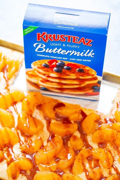 Caramel Apple Sheet Pan Pancakes - Craving pancakes but not the work of standing at the stove flipping them? Make these EASY sheet pan pancakes!! Perfect for a weekend brunch or as a weekday breakfast because they're ready in 10 minutes!! Krusteaz Pancake Mix Recipes, Pancake Mix Uses, Krusteaz Pancake Mix, Sheet Pan Pancakes, Pan Pancakes, Pancake Mix Recipes, Averie Cooks, Weekday Breakfast, Sheet Pan Dinners Recipes