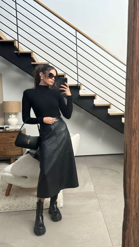 Fall Outfits With Leather Skirts, Leather Skirt Midi Outfit, Leather Skirt Outfit 2023, Long Leather Skirt Outfit Winter, Black Leather Midi Skirt Outfit, Leather Long Skirt Outfit, Black Midi Leather Skirt, Long Black Leather Skirt Outfit, Allsaints Outfit