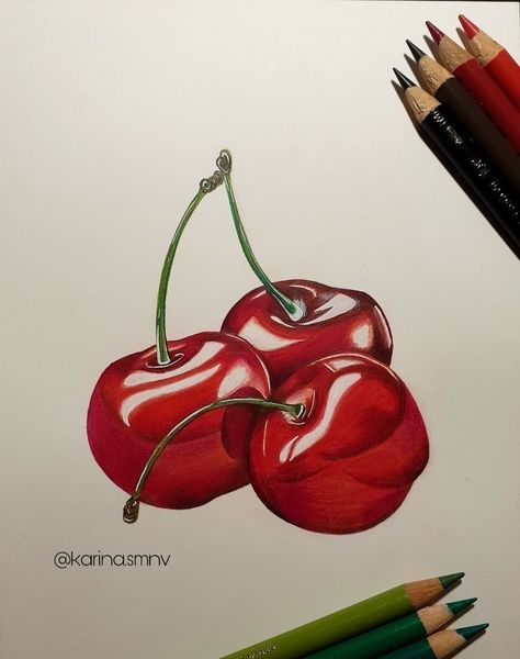 Cherries Drawing, Colored Pencil Artwork Ideas, Cherry Drawing, Fruit Art Drawings, Colored Pencil Art Projects, Prismacolor Art, Color Drawing Art, Colored Pencil Artwork, Food Illustration Art