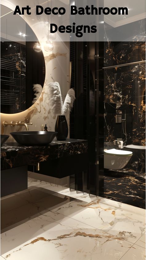 Marble is synonymous with luxury and elegance, making it a perfect fit for an Art Deco bathroom. Opt for black and white marble for a classic, high-contrast look, or choose colored marble, such as green or pink, for a bold statement. Use marble for countertops, flooring, and even walls. The natural veining of marble adds texture and interest, while the polished surface enhances the bathroom's overall glamour. Glamour Bathroom Ideas, Contrast Aesthetic, Glamour Bathroom, Black Marble Bathroom, Bathroom Marble, Art Deco Aesthetic, Colored Marble, Art Deco Bathroom, Deco Bathroom