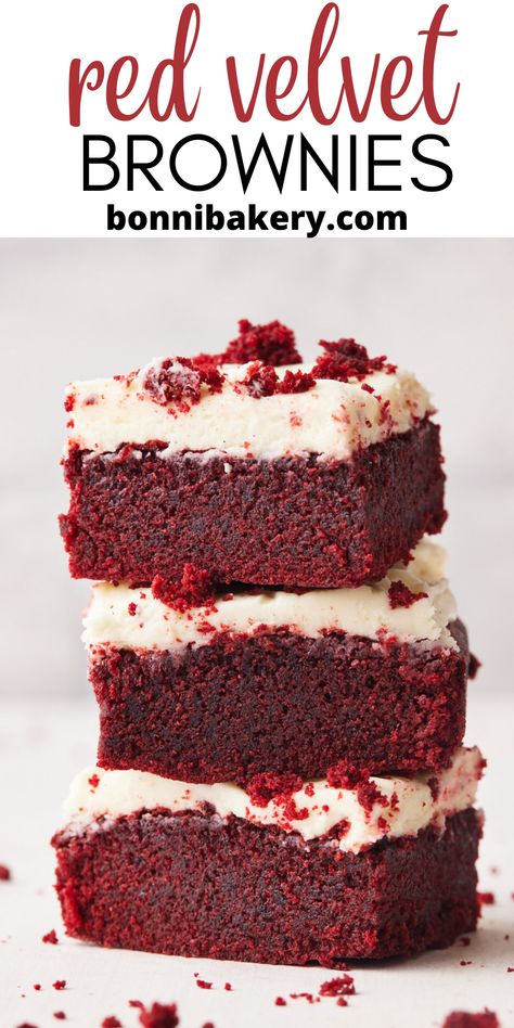 These red velvet brownies are the perfect combination of red velvet cake and gooey brownies. They are fudgy and chewy and have that gorgeous red velvet color. The cream cheese frosting on top really finishes them off, making them the perfect dessert for valentines day, christmas or even just as an anytime treat. Easy to make and a super pretty twist on homemade brownies. #redvelvet #redvelvetrecipes #redvelvetbrownies #brownies #bakingideas #valentiensdesserts #christmasdesserts #reddesserts Brownies With Cream Cheese Frosting, Red Velvet Brownies Recipe, Brownies With Cream Cheese, Red Velvet Cheesecake Brownies, Red Velvet Desserts, Velvet Brownies, Red Desserts, Red Velvet Recipes, Red Velvet Brownies