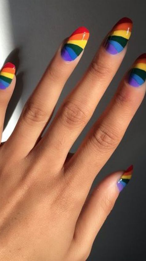 Whether male, female, cis, queer, or gender fluid, these rainbow nail designs are a chance to explore a world of color.   #PRIDE Nails London, Summer French Nails, Nail Design Glitter, Rainbow Nails Design, Rainbow Nail Art, Rainbow Nail, Unghie Nail Art, Pedicure Designs, Seasonal Nails