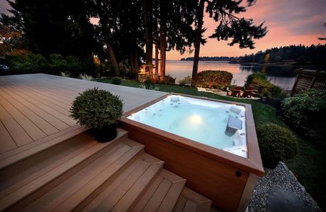 Built In Hot Tub Deck Swim Spa Deck, Hot Tub Deck Design, Sunken Hot Tub, Mini Piscina, Hot Tub Landscaping, Hot Tub Designs, Jacuzzi Hot Tub, Hot Tub Patio, Spa Jacuzzi