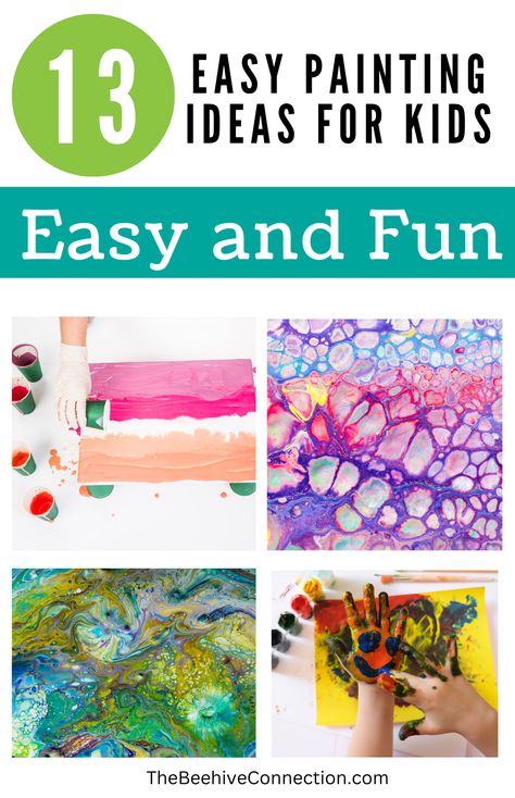 Unleash your child's creativity with these 13 fun and easy painting ideas! From finger painting to mixing color basics. There are mess-free techniques, and painting ideas, and exciting color mixing. Ideal for toddlers, preschoolers, and elementary-age children. These include kids painting, creative kids, easy art projects, fun with colors, todler art, preschool crafts, simple art for kids, family art time, and diy painting. We have crafts for kids, young artists, children's art as well. Canvas Painting Ideas For Preschoolers, Paint Techniques For Kids, Easy Paint Ideas For Kids, Preschool Canvas Art, Toddler Canvas Painting Ideas, Group Painting Ideas Canvases, Fun Painting Ideas For Kids, Simple Painting For Kids, Kindergarten Painting Ideas