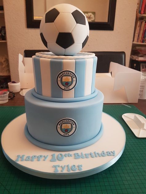 Footie cake Footy Cake, Footy Cake Ideas, Champions League Cake, Man City Cake Ideas, Messi Cake Ideas, Ake Man City, Soccer Grooms Cake, Manchester City Cake, Manchester City Cake Ideas