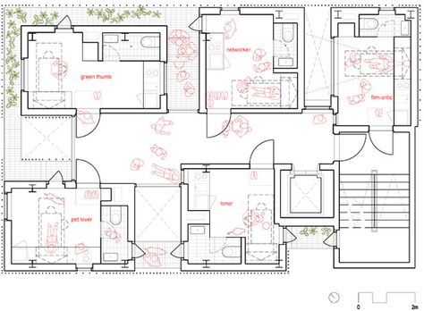 Flexible micro-housing in Seoul is a communal micro-neighborhood | TreeHugger Micro Housing Architecture, Flexible Housing Architecture, Communal Living Floor Plans, Elevated Home Plans, Communal Housing, Tiny Architecture, Micro Housing, Elevated Home, Co Housing