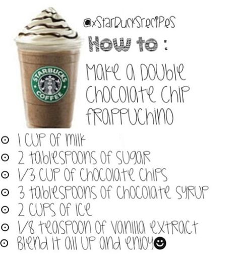 Double chocolate chip frappuccino . #starbucks (**frappuccino (on pic)) Starbucks Mocha, Starbucks Drinks Diy, Frappe Recipe, Mocha Frappe, Mocha Recipe, Secret Starbucks Drinks, Frappuccino Recipe, Starbucks Secret Menu Drinks, Starbucks Coffee Drinks