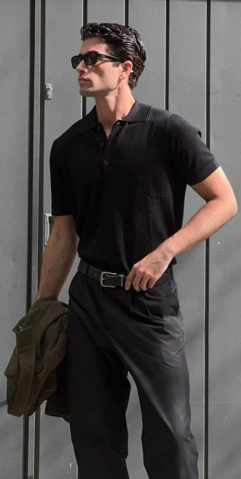 Men Dress Outfits Black, Men Fashion All Black, Cool Black Outfits Men, Man In Black Outfit, Masc Old Money Outfits, Men Fitted Outfits, Black Fashion Outfits Men, Black Dress Outfit Men, Mens Black Dress Shirt Outfit