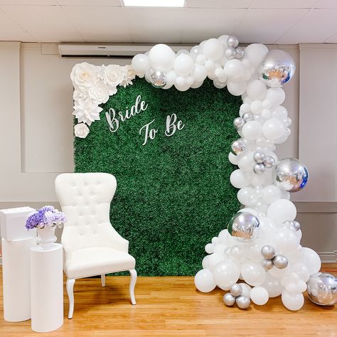 Green Flower Wall with Paper Flowers and Balloons for an Elegant Bridal Shower Bride To Be Party Decoration, Green Flower Wall, Wall Greenery, Flowers And Balloons, Bride To Be Party, Backdrop Rental, Bride To Be Decorations, Greenery Backdrop, Bridal Backdrops