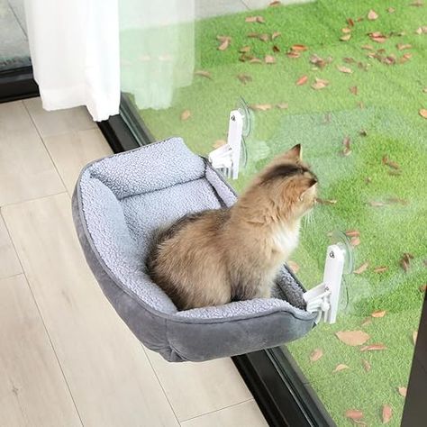 Foldable Cat Hammock for Window with Bolster - Cordless, Fold-Up, Three-Side Bolstered Machine Washable Fluffy Bed, Robust Metal Frame - Cat Window Perch for Large Cats and Kittens - Gray Cat Window Hammock, Fluffy Bed, Cat Window Perch, Window Perch, Fluffy Bedding, Cat Window, Cat Perch, Kitten Toys, Cat Hammock