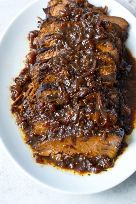 French Onion Brisket, Brisket Gravy Recipes, Passover Brisket Recipes Crock Pot, Jewish Brisket Recipes Slow Cooker, Whole Brisket Recipe, Slow Cooker Beef Brisket Recipes, Crockpot Brisket Recipes, Brisket Recipes Slow Cooker, Balsamic Gravy