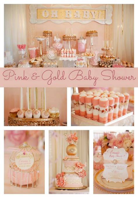 Whimsical Pink and Gold Baby Shower - Pretty My Party Baby Shower Kuchen, Burgundy Baby Shower, Gold Baby Shower Decorations, Pink And Gold Baby Shower, Baby Shower Princess Theme, Pink Gold Baby Shower, Gold Baby Shower, Baby Shower Inspiration