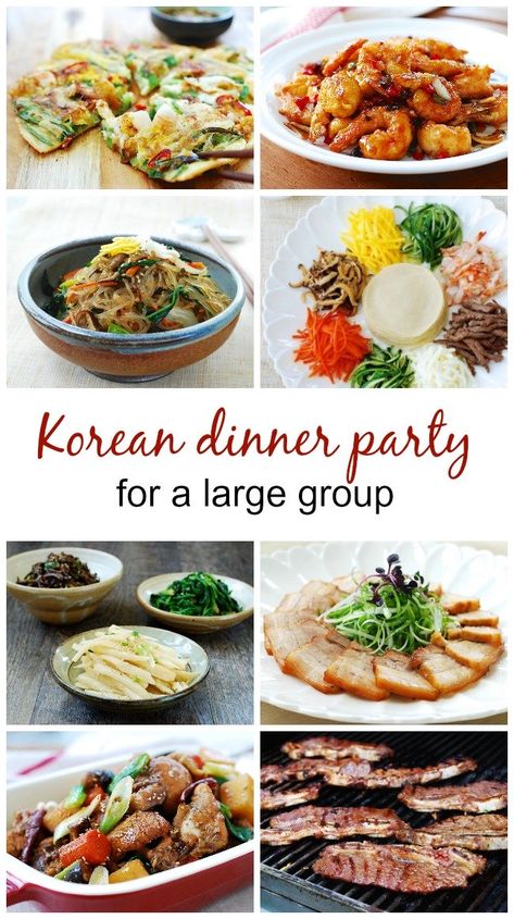 Menus for Korean Dinner Parties Korean Food Party Ideas, Korean Party Food Ideas, Korean Dinner Party Menu Ideas, Asian Dinner Party Menu Ideas, Tawainese Food, Korean Food Dinner, Korean Party Food, Menu For Dinner Party, Asian Party Food