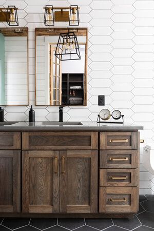 Dark Brown Bathroom, Bathroom Industrial Chic, Bathroom Staging, Master Suite Remodel, Beautiful Bathroom Vanity, Brown Bathroom, Design Remodel, Design Studios, Wood Bathroom