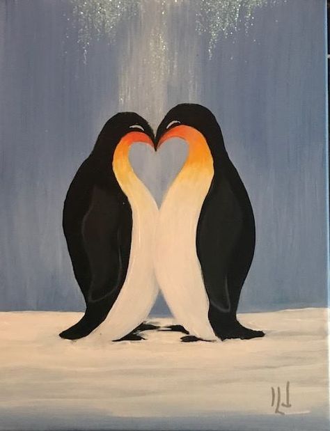 Penguin Painting Easy, Matching Painting Ideas, Penguin Paintings, Cute Penguin Drawing, Simple Painting Ideas For Beginners, Couples Painting Ideas, Couple Painting Ideas, Penguin Painting, Watercolor Penguin