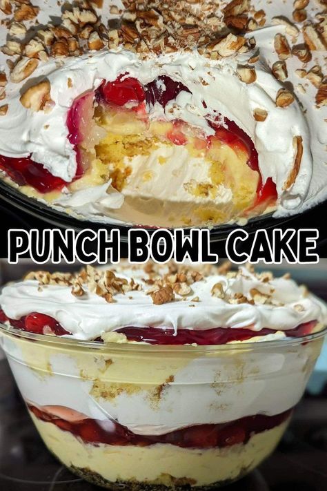 Fruit Punch Cake Recipe, Punch Bowl Cake Recipe Strawberry, Punchbowl Cake, Banana Split Poke Cake Recipes, Southern Strawberry Punch Bowl Cake, Punch Bowl Cake Recipe, Dessert For A Crowd, Punch Bowl Cake, Trifle Bowl Recipes