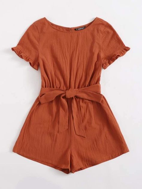 Ruffle Trim Split Back Self Belted Romper | SHEIN USA Comfy Jumpsuits, Belted Romper, Cute Rompers, Round Neck Dresses, Really Cute Outfits, Girls Fashion Clothes, Cute Summer Outfits, Rompers Women, Cute Casual Outfits