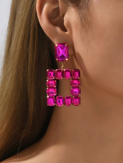 Pendientes largos con diamante de imitación cuadrado Hot Pink Earrings, Woman Personality, Dress Hairstyles, Pink Earrings, Dress Size Chart, Cute Jewelry, Cut And Style, Statement Jewelry, Crystal Earrings